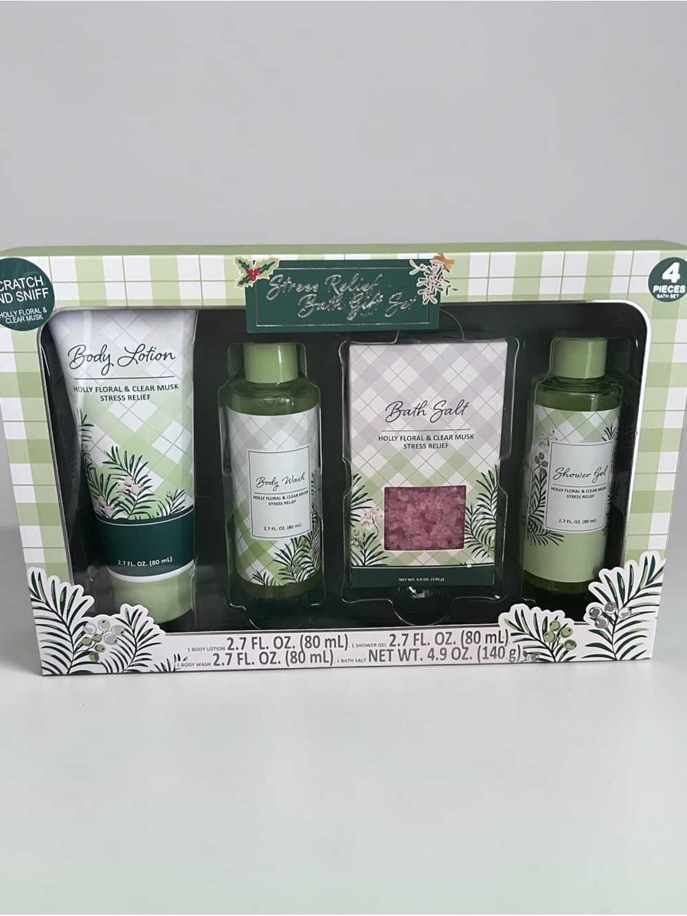 Stress Relief Bath & Body Gift Set - Green Holly Floral Scent NIB